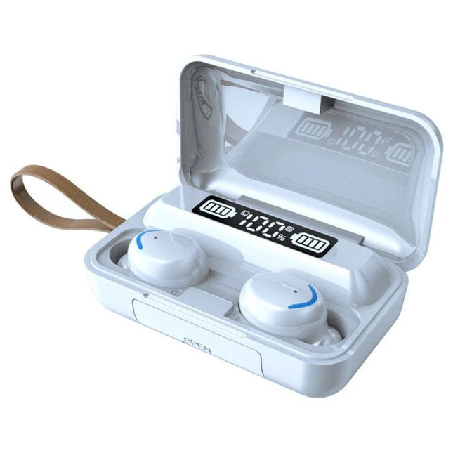Bluetooth Earbuds With LED Battery Case For Commuting And Workouts white F9-5C with strap, LED percent display and compact charging case