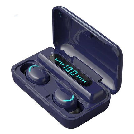 Macaron Series Bluetooth Earbuds For Commuting With Charging Case in navy with LED battery display and four-bar lights