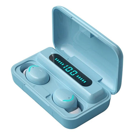 Macaron Series Bluetooth Earbuds For Commuting With Charging Case showing blue earbuds in charging case with LED battery display