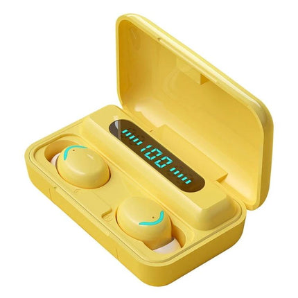 Macaron Series Bluetooth Earbuds For Commuting With Charging Case bright yellow earbuds in charging case with LED battery display