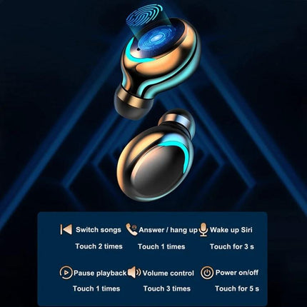 Macaron Series Bluetooth Earbuds For Commuting With Charging Case showing earbuds with LED display, touch controls and charging case
