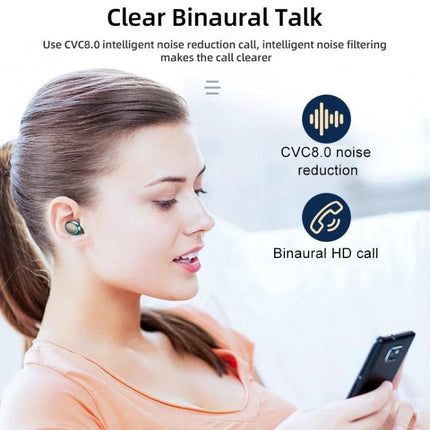 Macaron Series Bluetooth Earbuds For Commuting With Charging Case showing woman wearing earbuds using phone, CVC8.0 noise reduction