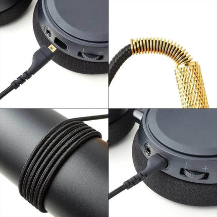 Compatible Black Audio Cable for SteelSeries Arctis Headsets shown plugged into Arctis earcup with braided cable and gold connector