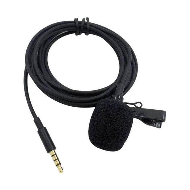 Clip-On Lavalier Microphone for Mobile Phones with 2.5-Meter Cable - black clip-on mic with foam windscreen and long cable