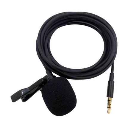 Clip-On Lavalier Microphone for Mobile Phones with 2.5-Meter Cable — black clip-on mic with foam windscreen and 3.5mm jack, durable 2.5m cable for vlogging