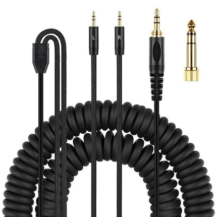 Replacement Audio Cable for Denon Headphones and Similar Models — coiled black stereo cable with gold 3.5mm and 6.35mm adapter