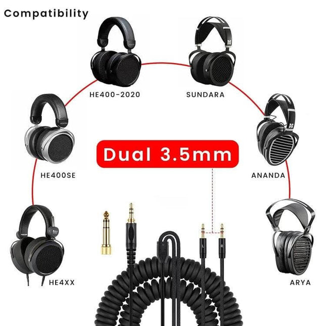Replacement Audio Cable for Denon Headphones and Similar Models – coiled dual 3.5mm cable compatible with AH-D600, HE4XX, Ananda, Arya