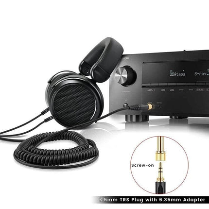 Replacement Audio Cable for Denon Headphones and Similar Models coiled cable connected to Denon headphones and amplifier, 3.5mm TRS with 6.35mm adapter