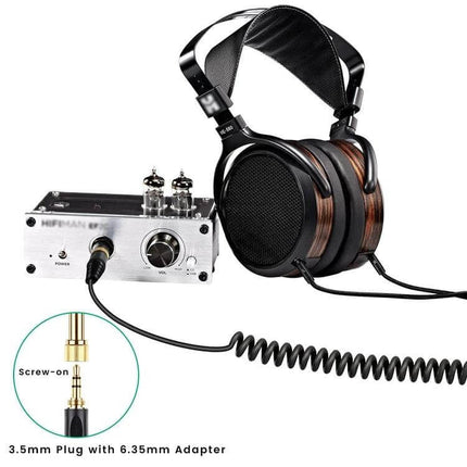 Replacement Audio Cable for Denon Headphones and Similar Models – coiled 3.5mm to 6.35mm screw-on cable with headphones and amp