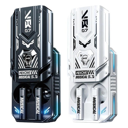 WEKOME Semi In Ear Bluetooth Earphones Black For Commuting compact VB07 Mecha Series case and earbuds in black, shown with white variant