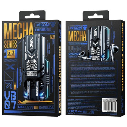WEKOME Semi In Ear Bluetooth Earphones Black For Commuting compact Mecha VB07 packaging with earbuds and charging case