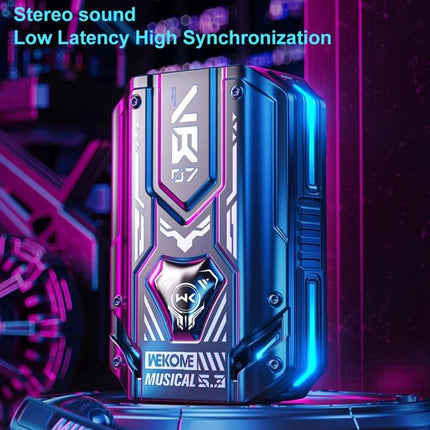 WEKOME Semi In Ear Bluetooth Earphones Black For Commuting compact VB07 charging case with futuristic mech design