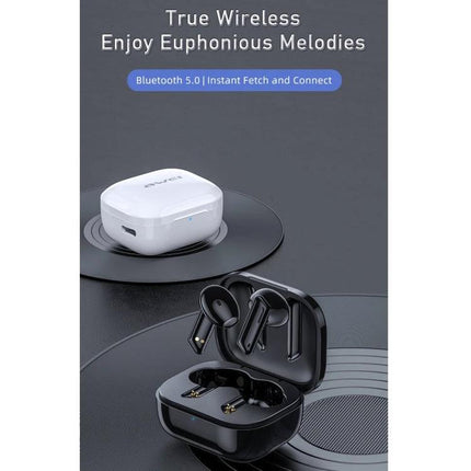 Awei T36 True Wireless Earbuds Semi In Ear With Compact Case shown in black earbuds and white charging case, Bluetooth 5.0, IPX4