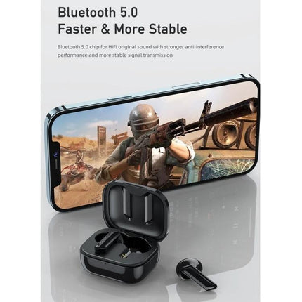 Awei T36 True Wireless Earbuds Semi In Ear With Compact Case black earbuds with open charging case and gaming phone display