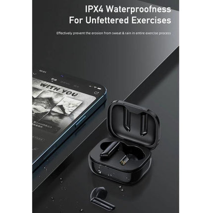Awei T36 True Wireless Earbuds Semi In Ear With Compact Case showing IPX4 sweat resistant black pair and open charging case