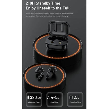 Awei T36 True Wireless Earbuds Semi In Ear With Compact Case black charging case and earbuds shown with play time icons