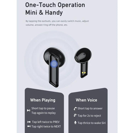 Awei T36 True Wireless Earbuds Semi In Ear With Compact Case shown in black, one-touch operation and compact case