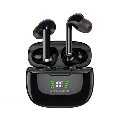 Awei Compact Wireless Earphones For Commute And Workouts black Bluetooth earbuds with charging case and LED battery display