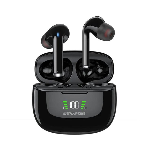 Awei Compact Wireless Earphones For Commute And Workouts black Bluetooth earbuds with charging case and LED battery display