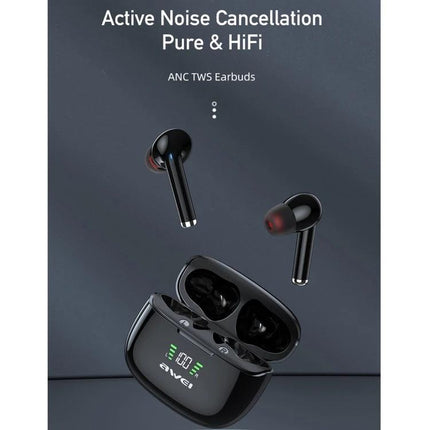 Awei Compact Wireless Earphones For Commute And Workouts black ANC earbuds with charging case digital display, IPX6 splash resistant fit