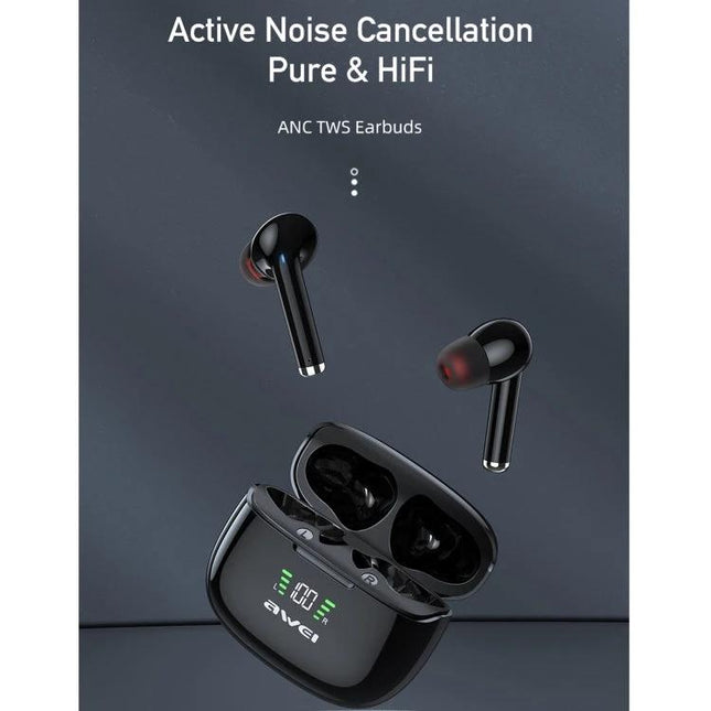 Awei Compact Wireless Earphones For Commute And Workouts black ANC earbuds with charging case digital display, IPX6 splash resistant fit