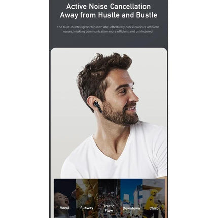 Awei Compact Wireless Earphones For Commute And Workouts showing man wearing ANC earbuds for commute and workouts, secure fit, IPX6