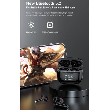 Awei Compact Wireless Earphones For Commute And Workouts showing earbuds in charging case with phone gaming display