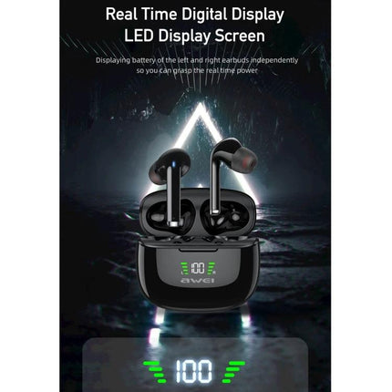 Awei Compact Wireless Earphones For Commute And Workouts showing black earbuds in charging case with LED battery display