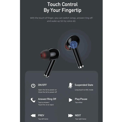 Awei Compact Wireless Earphones For Commute And Workouts showing touch control earbuds with charging case and feature icons