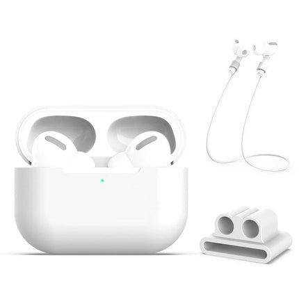Protective Silicone Case Set for Daily Earphone Use with Buckle and Rope shown on white background with earphones and rope accessory