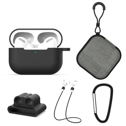 Silicone Protective Set for Everyday AirPods Organization with black case, anti-lost hook, earbuds strap, silicone stand and carabiner