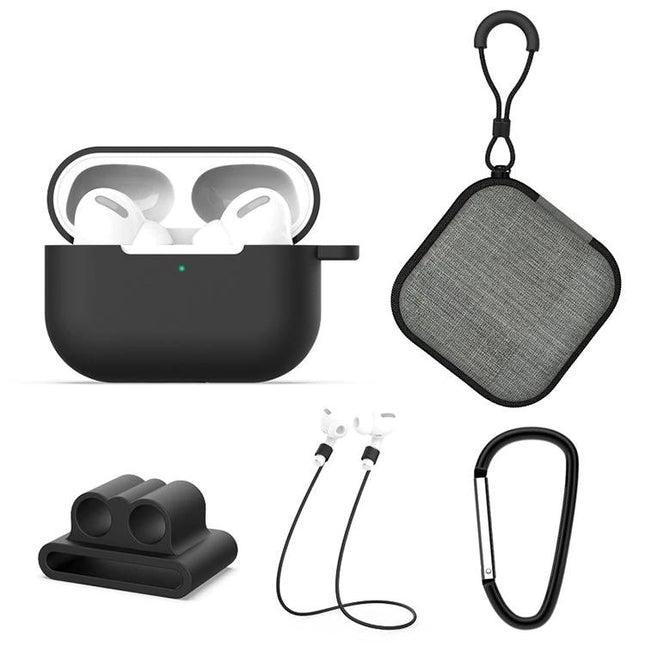 Silicone Protective Set for Everyday AirPods Organization with black case, fabric pouch, earbud strap, cable holder and carabiner