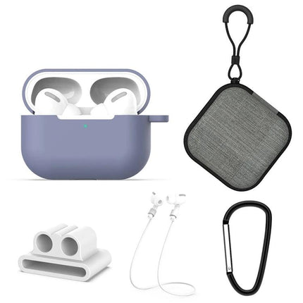 Silicone Protective Set for Everyday AirPods Organization showing purple case, anti-lost hook, carabiner and accessories