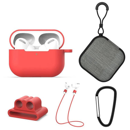 Silicone Protective Set for Everyday AirPods Organization with red case, anti-lost hook, carabiner and accessories