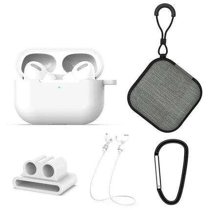 Silicone Protective Set for Everyday AirPods Organization showing white AirPods case, fabric zip pouch, cable clip, anti-lost strap and carabiner