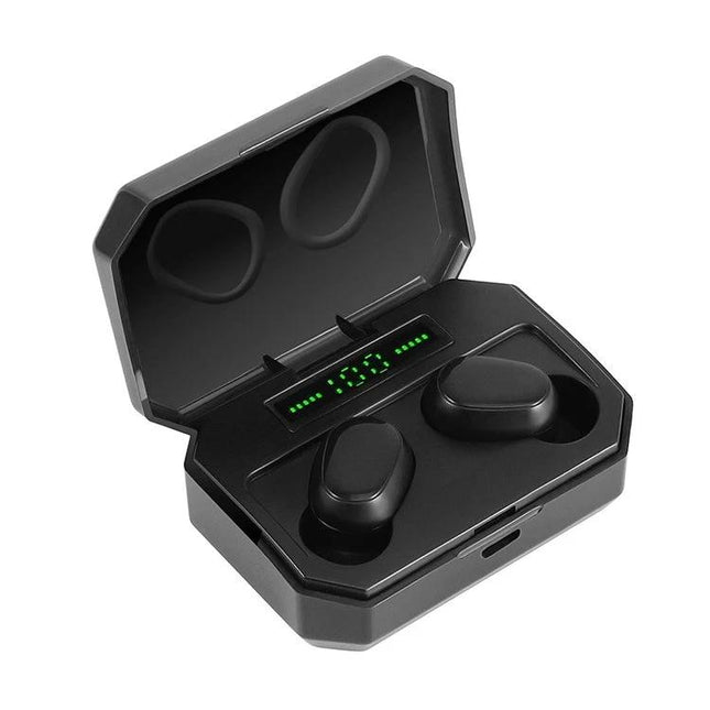 Wireless Bluetooth Earbuds With Magnetic Charging Case For Commuting sleek black earbuds in open magnetic charging case with LED battery display