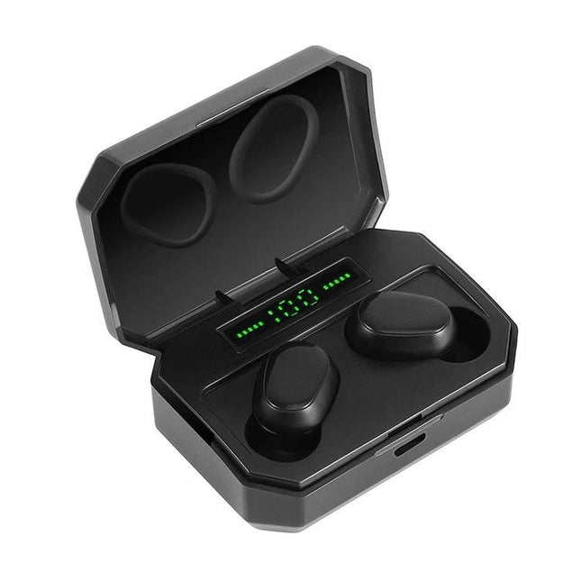 Wireless Bluetooth Earbuds With Magnetic Charging Case For Commuting black earbuds in charging case with LED battery display