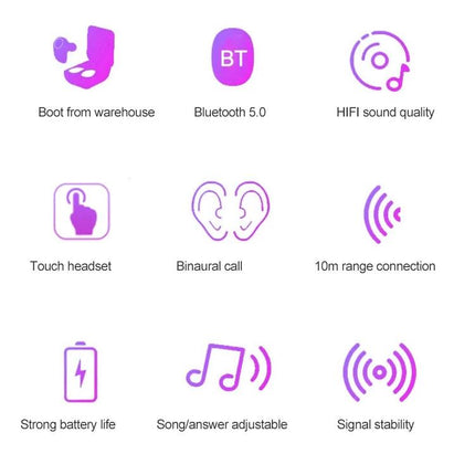 Wireless Bluetooth Earbuds With Magnetic Charging Case For Commuting showing icons for Bluetooth 5.0, touch control, HIFI sound, battery life