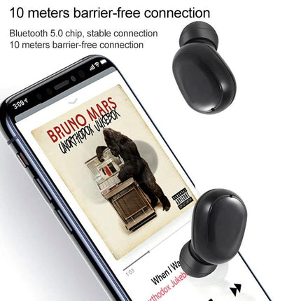 Wireless Bluetooth Earbuds With Magnetic Charging Case For Commuting showing black earbuds beside smartphone playing music, commute-ready