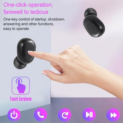 Wireless Bluetooth Earbuds With Magnetic Charging Case For Commuting touch-control earbuds shown being tapped for one-click operation