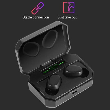 Wireless Bluetooth Earbuds With Magnetic Charging Case For Commuting black earbuds in open magnetic charging case with LED battery display