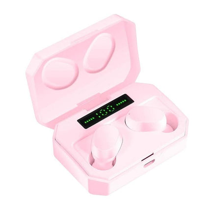 Wireless Bluetooth Earbuds With Magnetic Charging Case For Commuting pink earbuds in open magnetic charging case with LED battery display