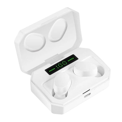 Wireless Bluetooth Earbuds With Magnetic Charging Case For Commuting white earbuds in open case with digital battery display and touch controls