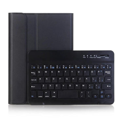 Detachable Bluetooth Keyboard Leather Case for iPad Mini 5 with Holder shown in black with detachable Bluetooth keyboard and protective leather cover
