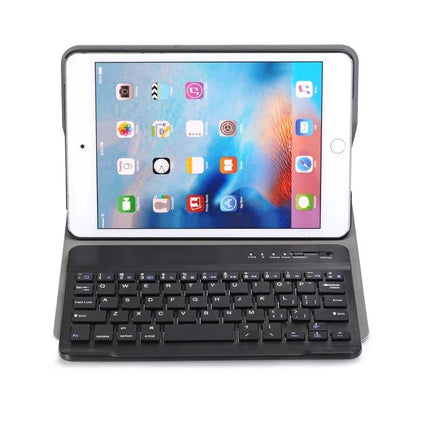 Detachable Bluetooth Keyboard Leather Case for iPad Mini 5 with Holder front view showing keyboard and tablet in holder, portable protective folio