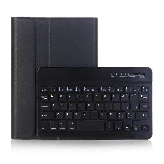 Ultra-Thin Detachable Bluetooth Keyboard Leather Case for iPad Mini 5/4/3/2 shown in black with detachable wireless keyboard and protective folio cover