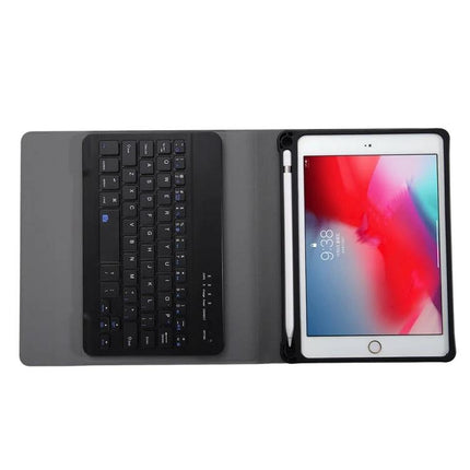 Ultra-Thin Detachable Bluetooth Keyboard Leather Case for iPad Mini 5/4/3/2 shown open with keyboard and Apple Pencil in gray leather sleeve
