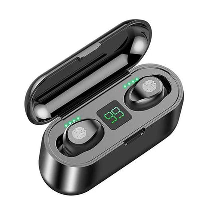 Wireless Earbuds For Commuting And Workouts With Case showing black earbuds in charging case with LED battery display