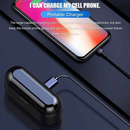 Wireless Earbuds For Commuting And Workouts With Case showing charging case powering phone and LED battery display