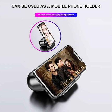 Wireless Earbuds For Commuting And Workouts With Case shown charging in case doubling as a mobile phone holder